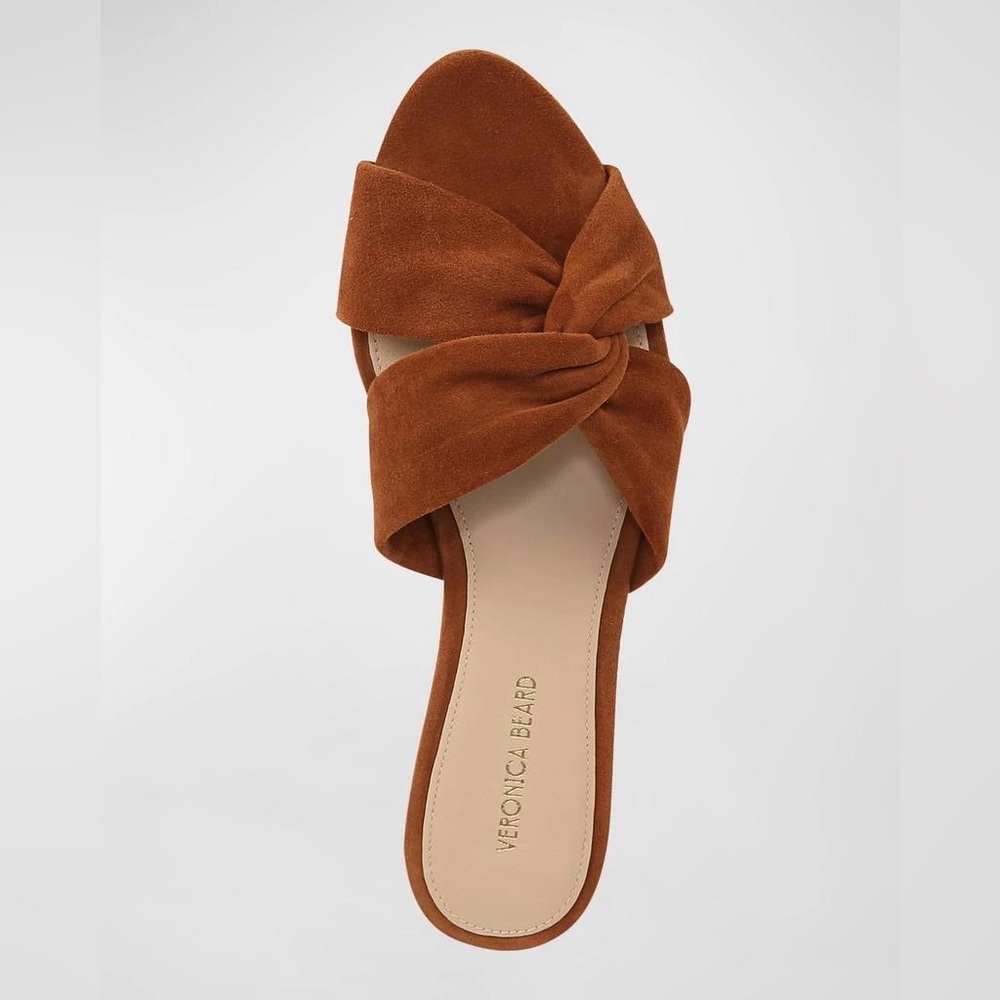 New VERONICA BEARD $295.00Seraphina Twisted Suede Slide Sandals in Caramel 6.5
